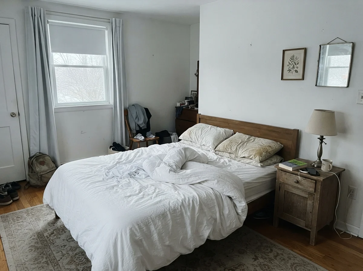 Simple bedroom with Pure White walls in cool morning daylight.