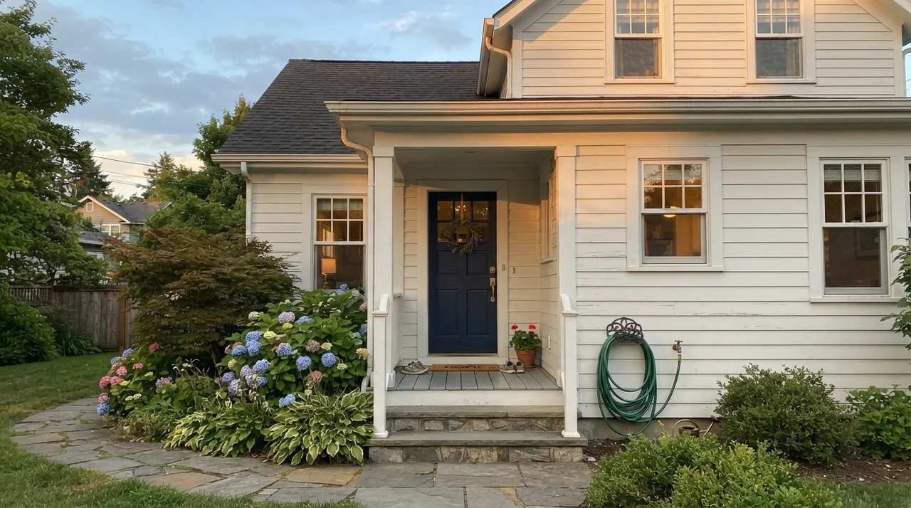 House exterior painted in Pure White horizontal siding with dark navy door.