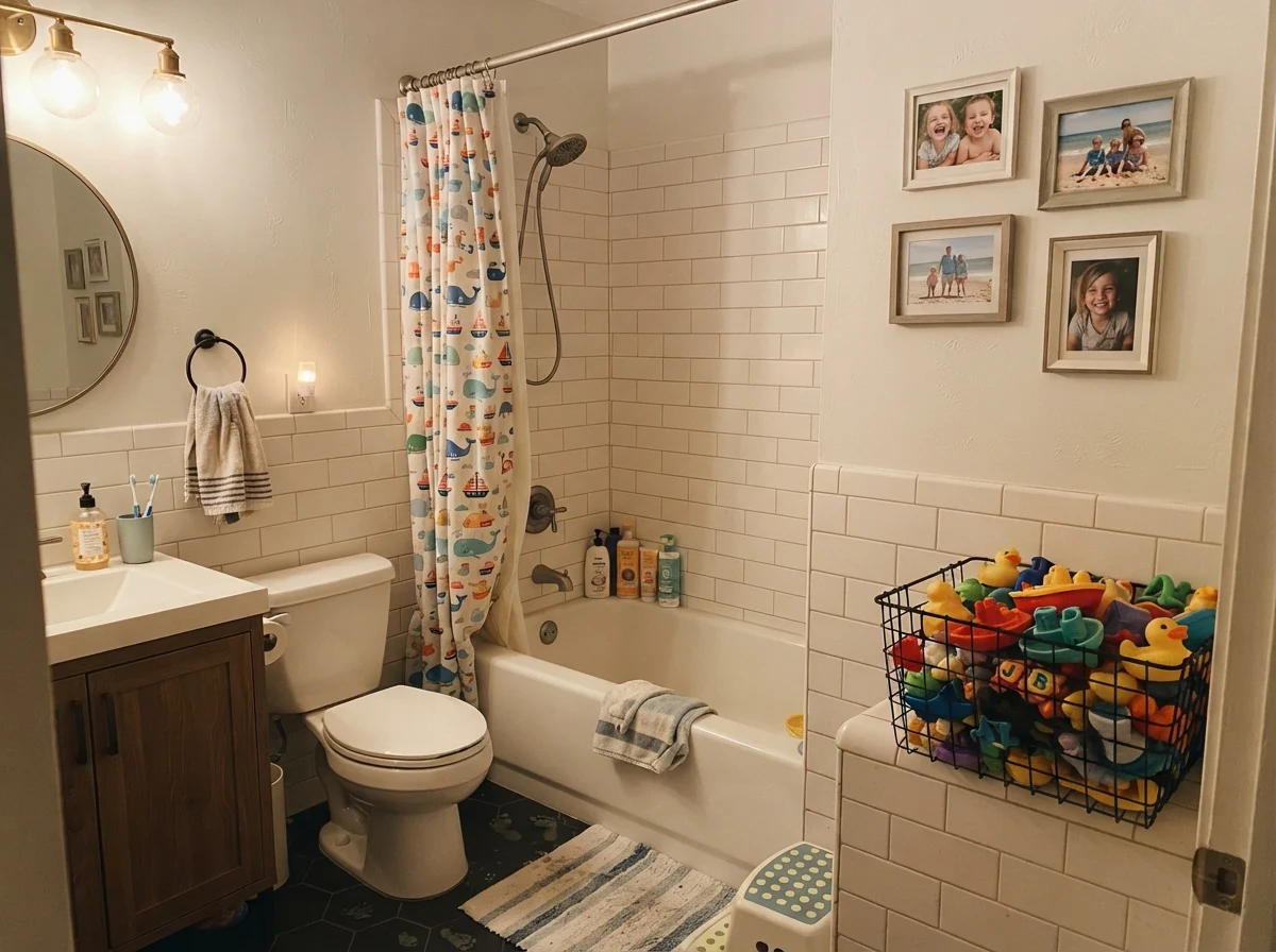 Kids bathroom with painted walls above white tile wainscot.