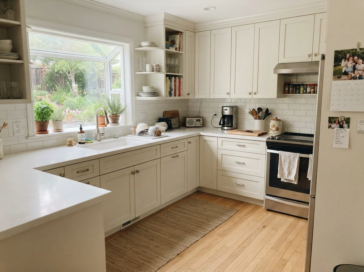 Kitchen shaker cabinets painted Pure White with subway backsplash.