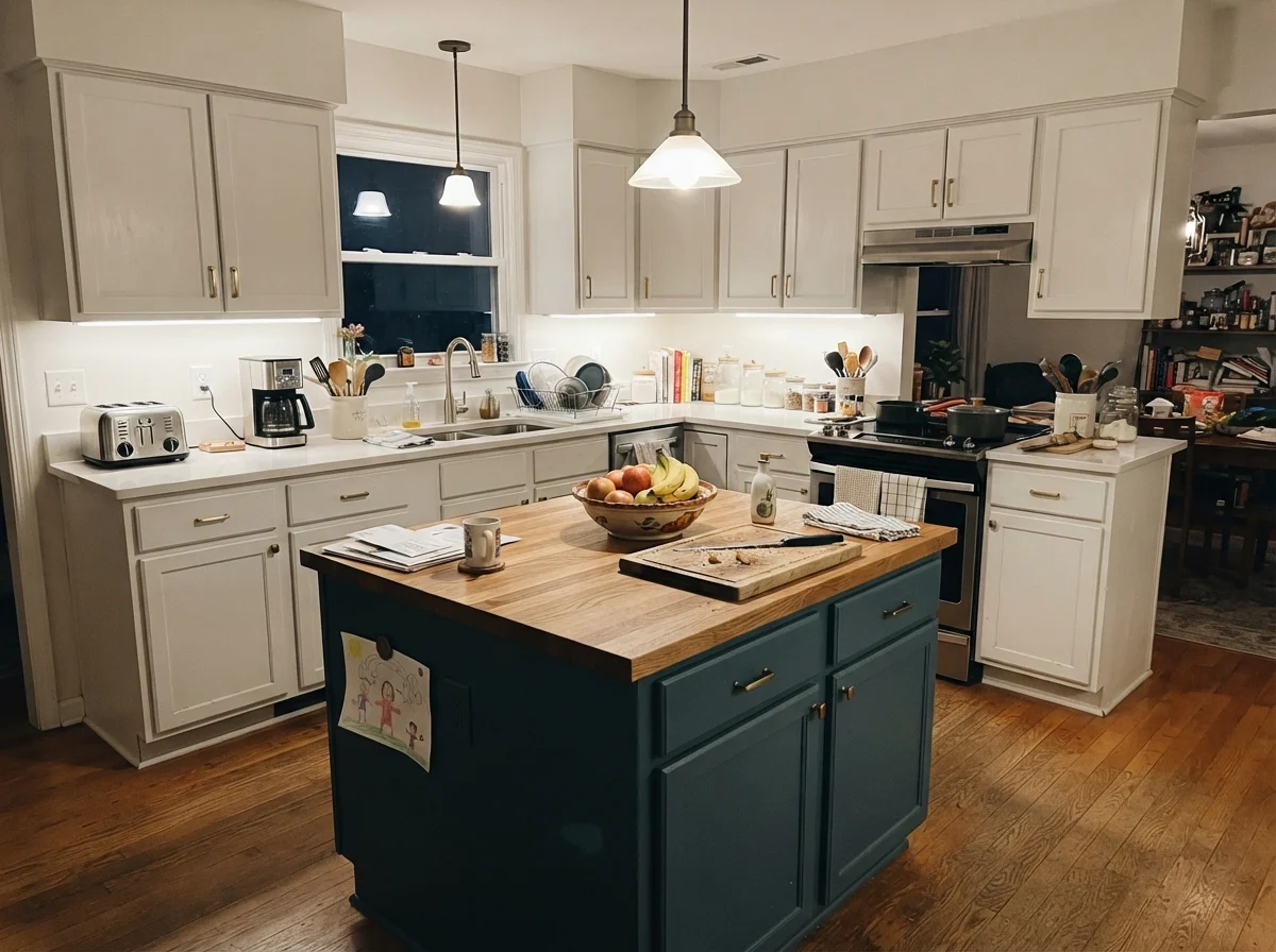 Family kitchen with Pure White painted island and warm evening lighting.