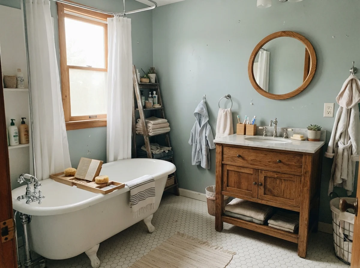 Cottage bathroom with white clawfoot tub, oak vanity, hex tile, and Quietude painted walls.