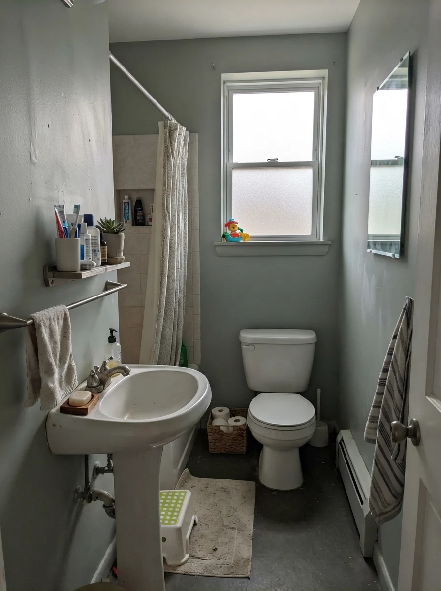 Small bathroom in flat overcast light with Quietude walls reading muted gray next to white fixtures.