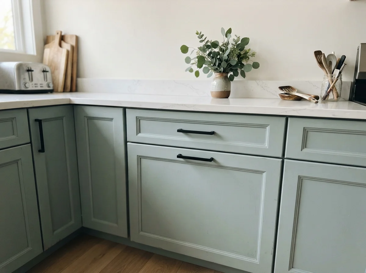 Close-up of Quietude painted cabinet doors with matte black handles and white quartz counter.