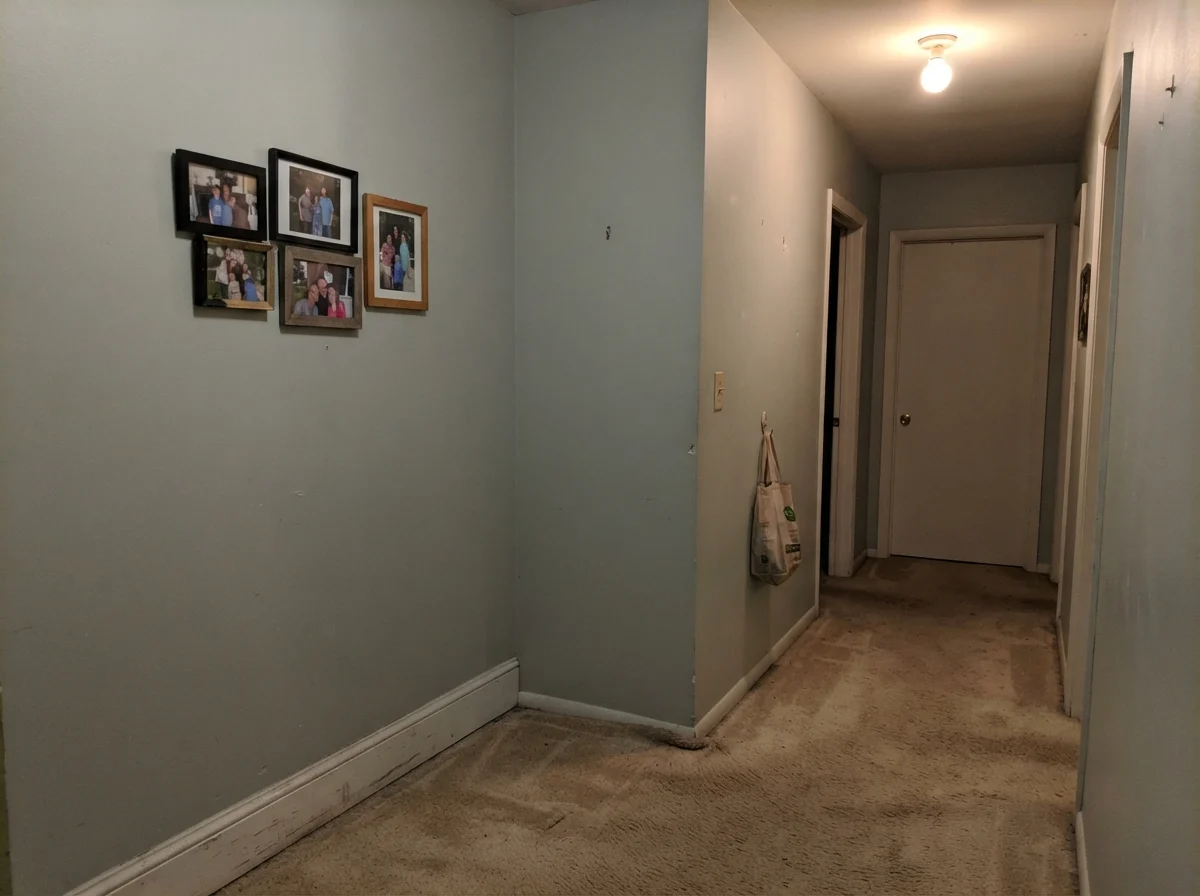 Windowless hallway corner showing Quietude looking flat, muddy, and putty-like under a dim ceiling bulb.