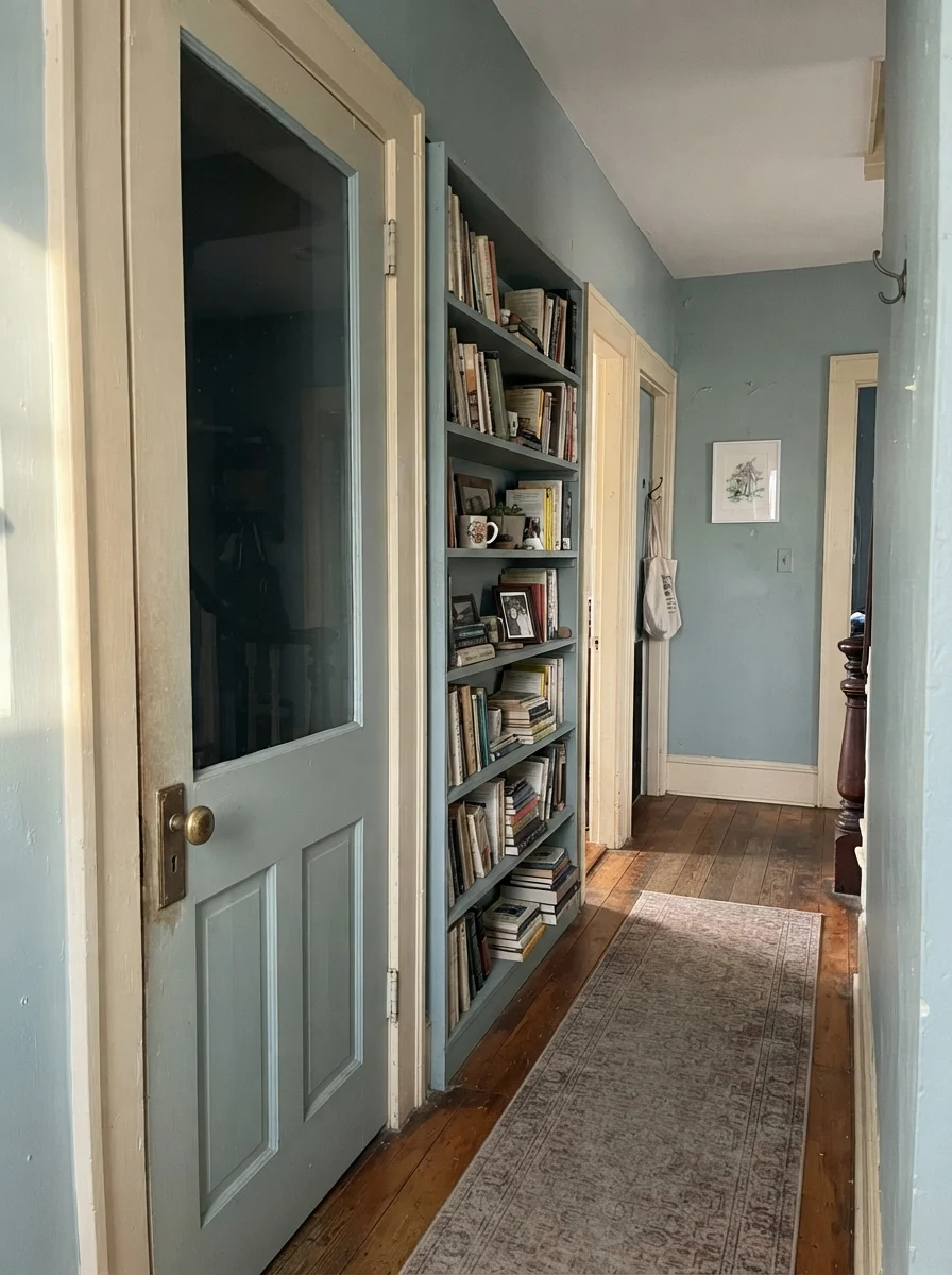 Older hallway featuring a two-panel door and built-in bookshelf painted Quietude against cream walls.