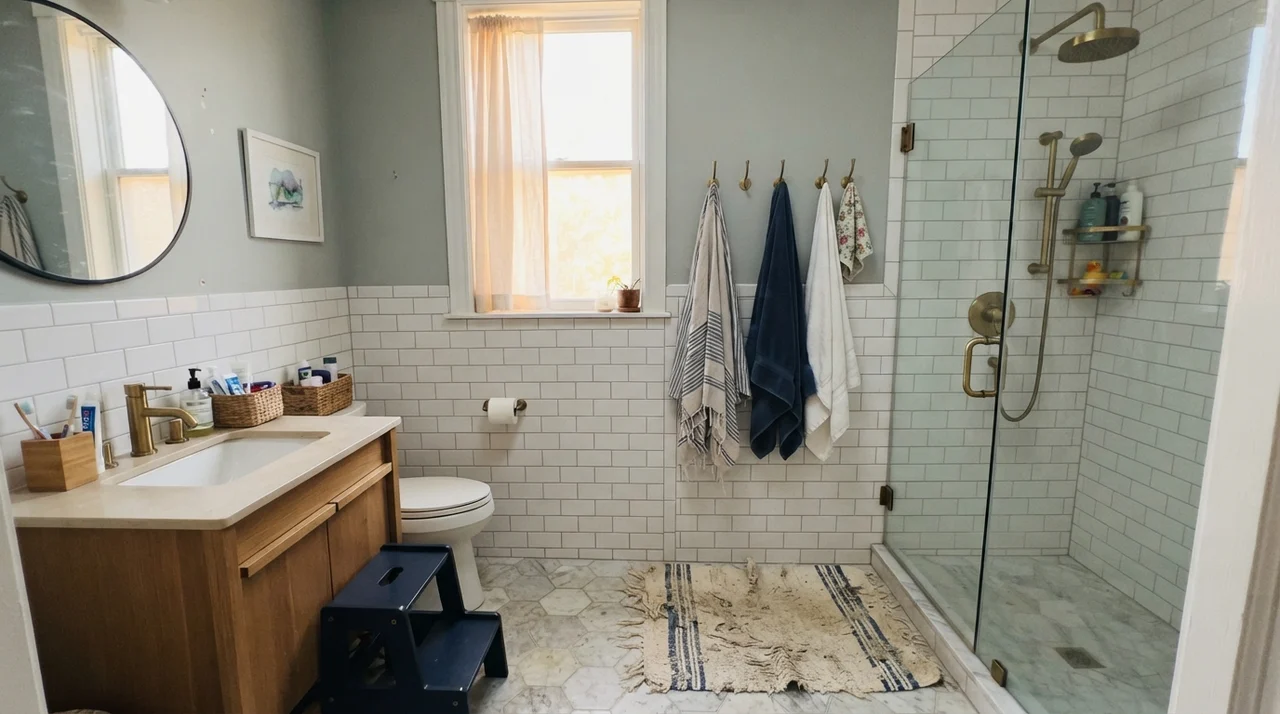 Family bathroom with Quietude on upper walls over white subway tile wainscoting and brass shower fixtures.