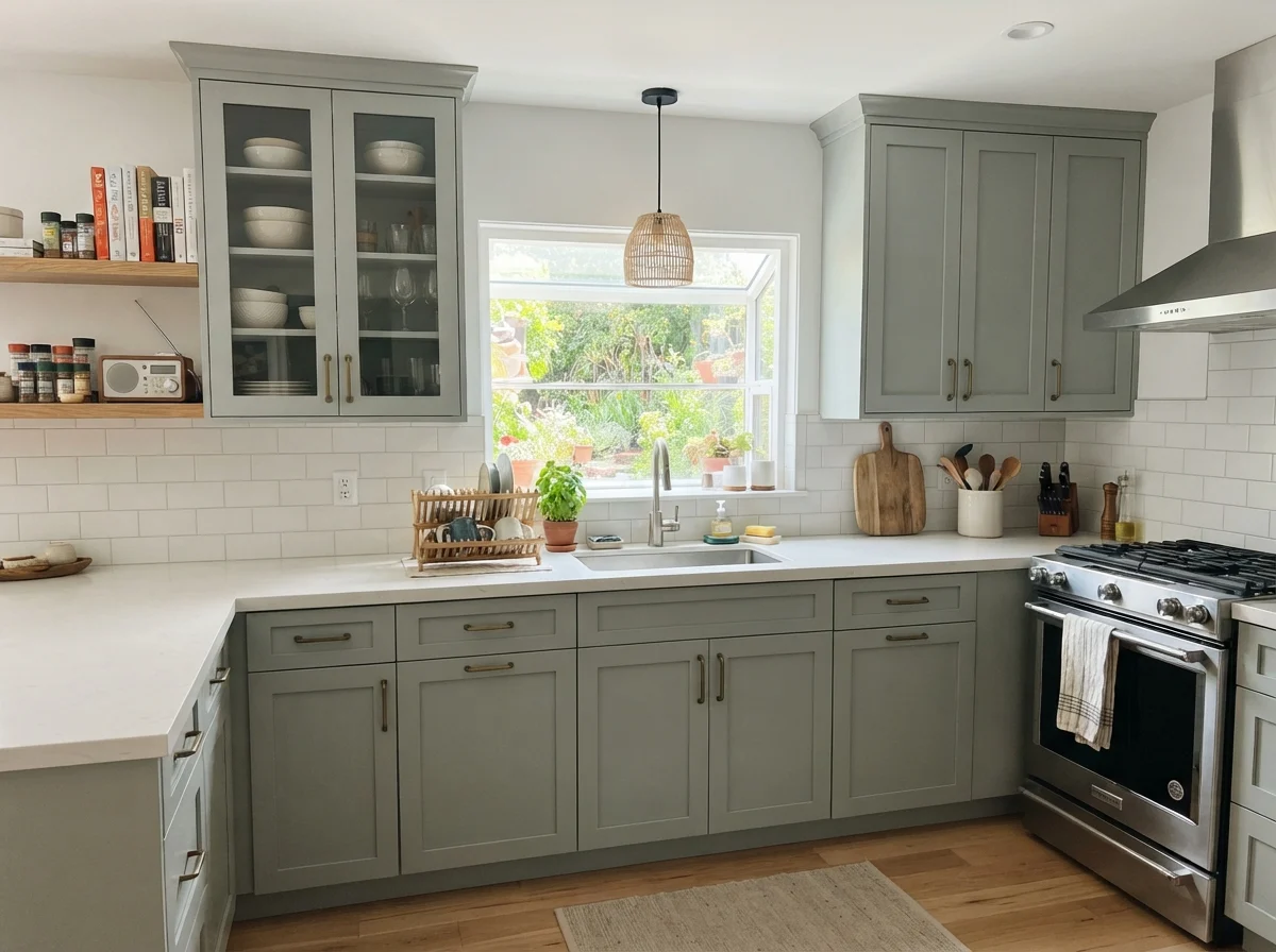 Kitchen with Quietude painted shaker cabinets, white quartz counters, and white backsplash.