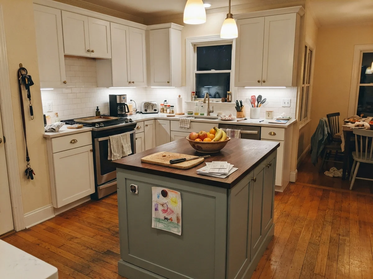 Family kitchen featuring a Quietude painted island among white cabinets, cream walls, and everyday kitchen essentials.