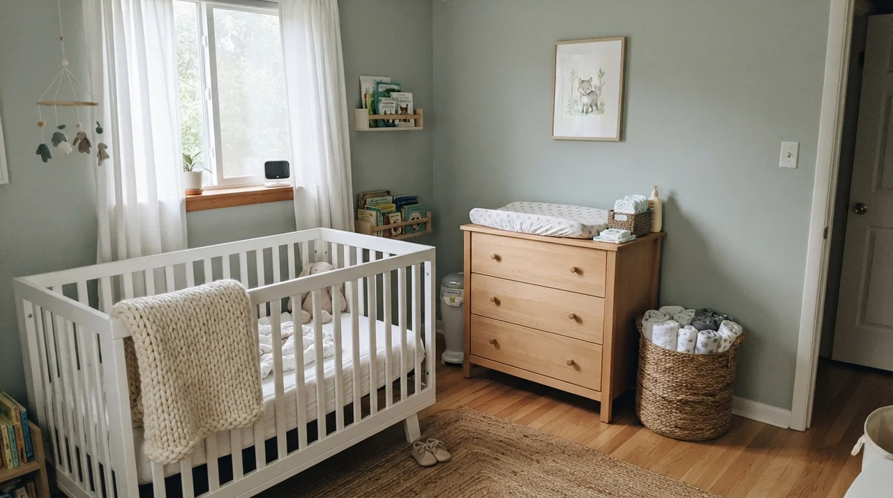 Nursery with Quietude walls, white crib, light-wood dresser, and woven basket.