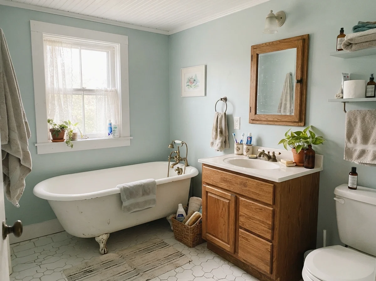 Cottage bathroom with clawfoot tub, hex tile, oak vanity, and Sherwin-Williams Rainwashed walls.