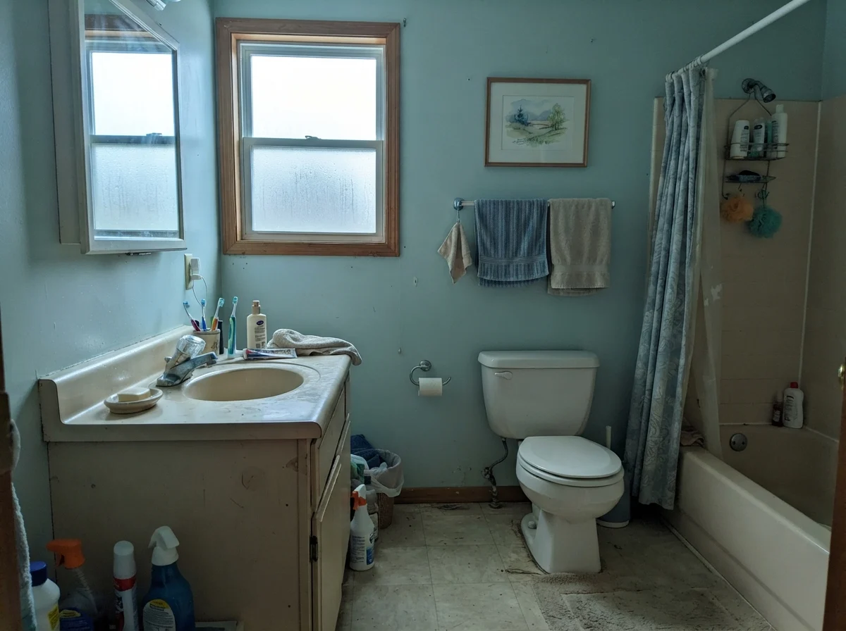 Modest dated bathroom with cool north light casting a chilly tone on Rainwashed walls.