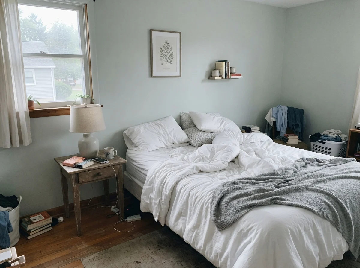 Bedroom in cool early morning light with unmade white bedding and Rainwashed walls.