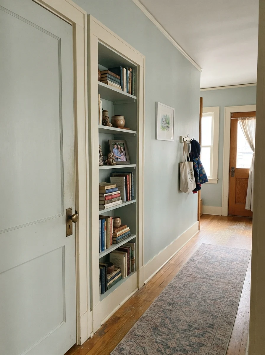 Hallway with painted interior door and built-in bookcase in Rainwashed with brass doorknob.