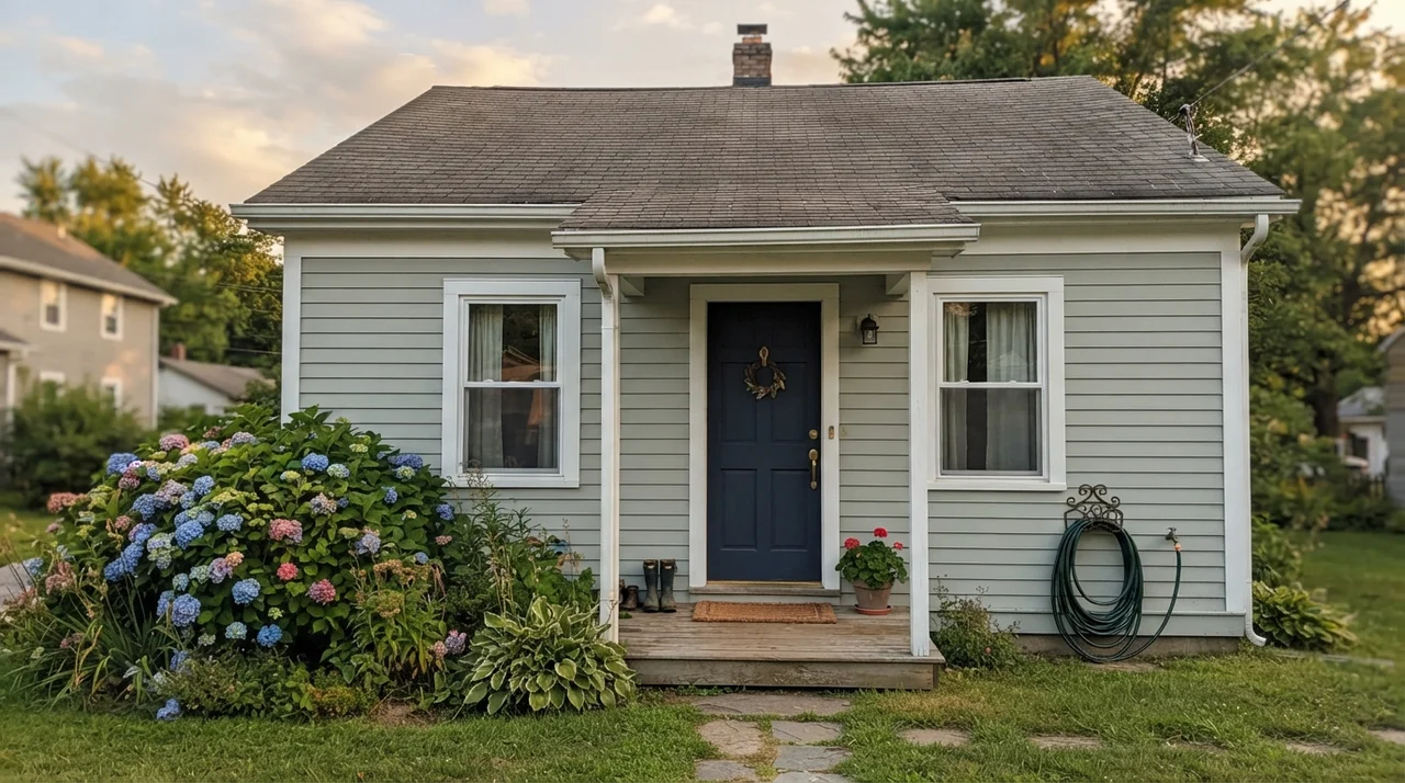 House exterior with Rainwashed siding, white trim, navy door, porch, and hydrangea bushes.