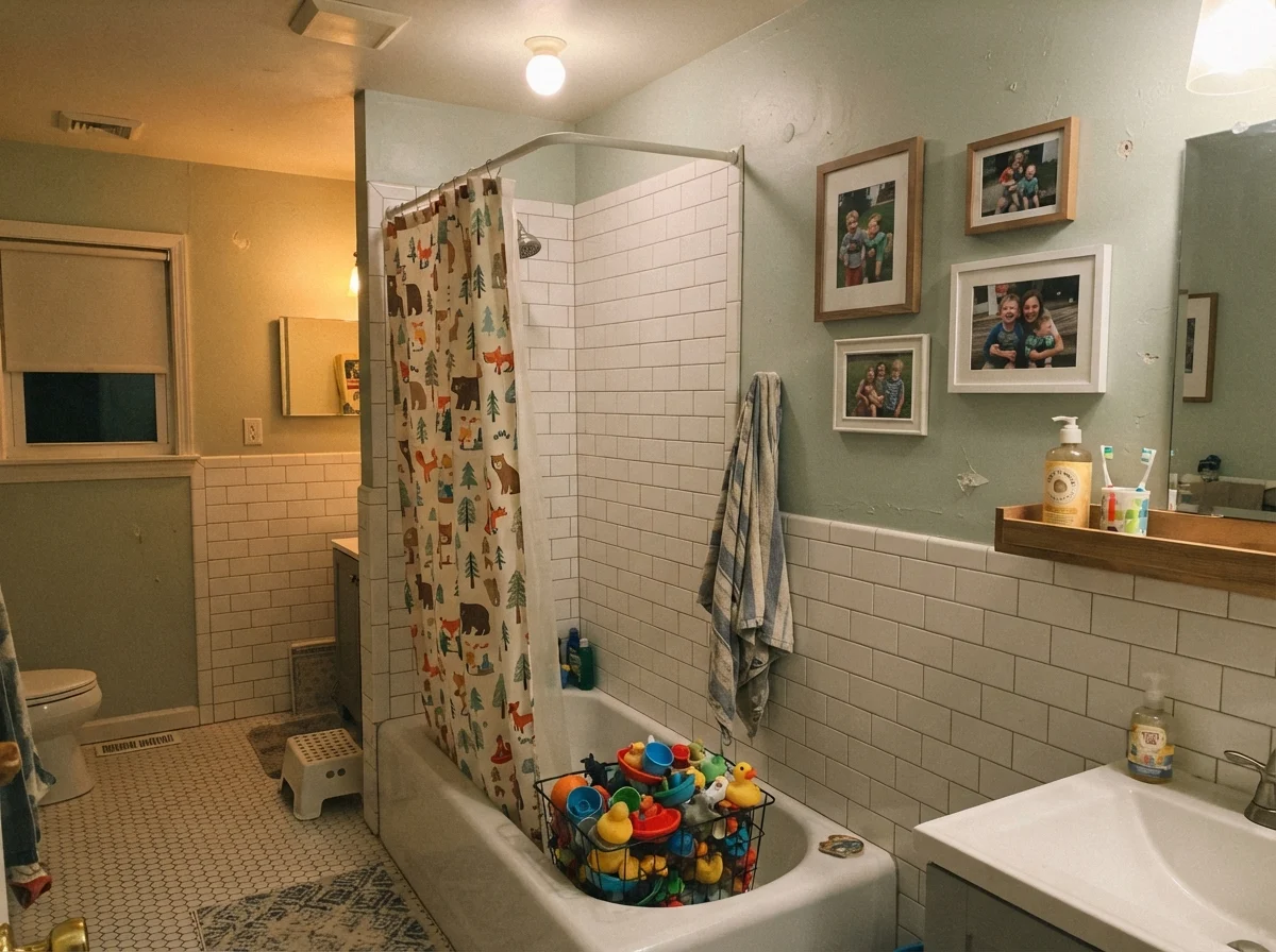 Kids bathroom with painted walls over white subway tile wainscot, bath toys, and family photos.