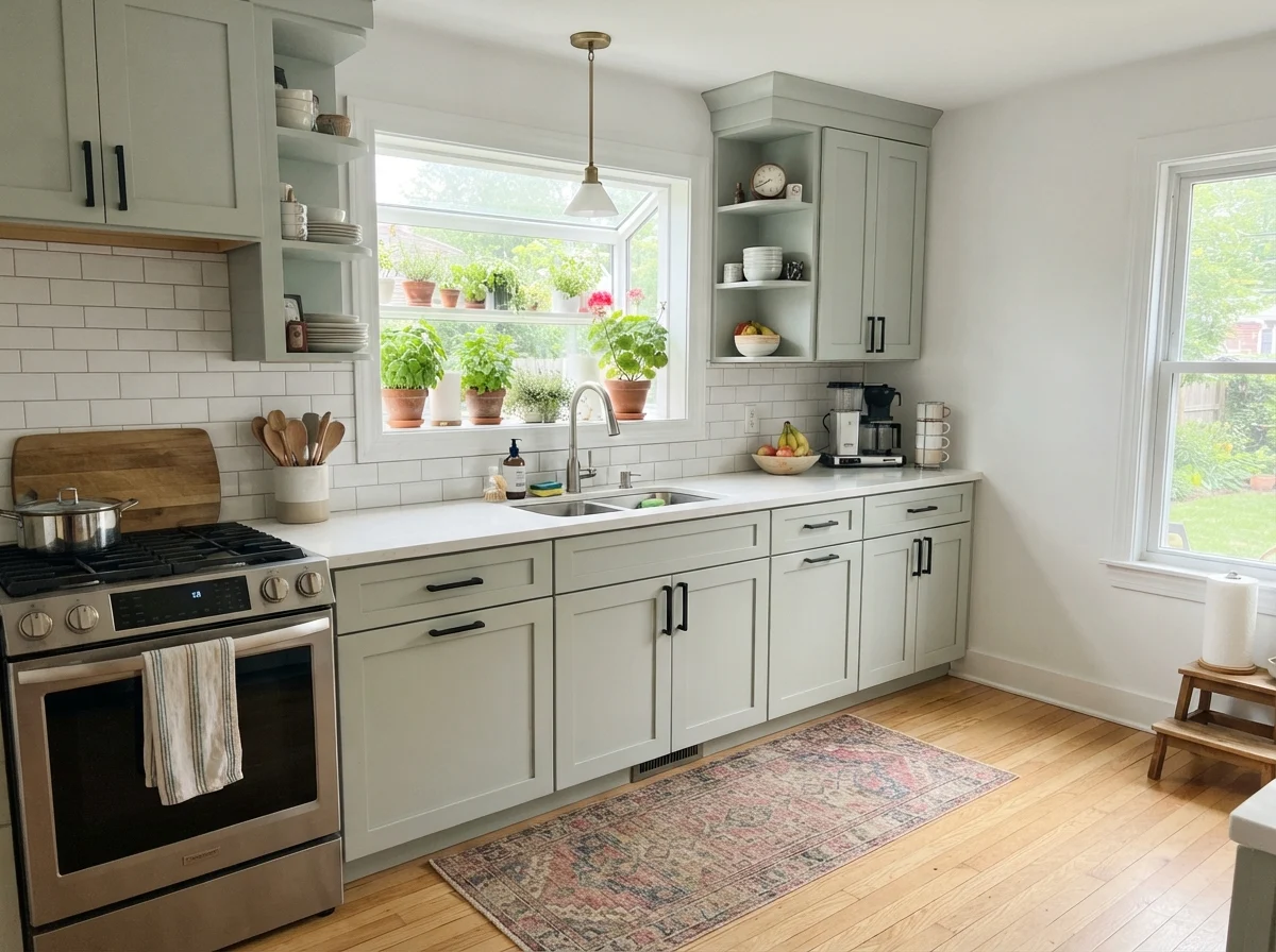 Bright kitchen with full run of Rainwashed shaker cabinets, white counters, and subway tile.