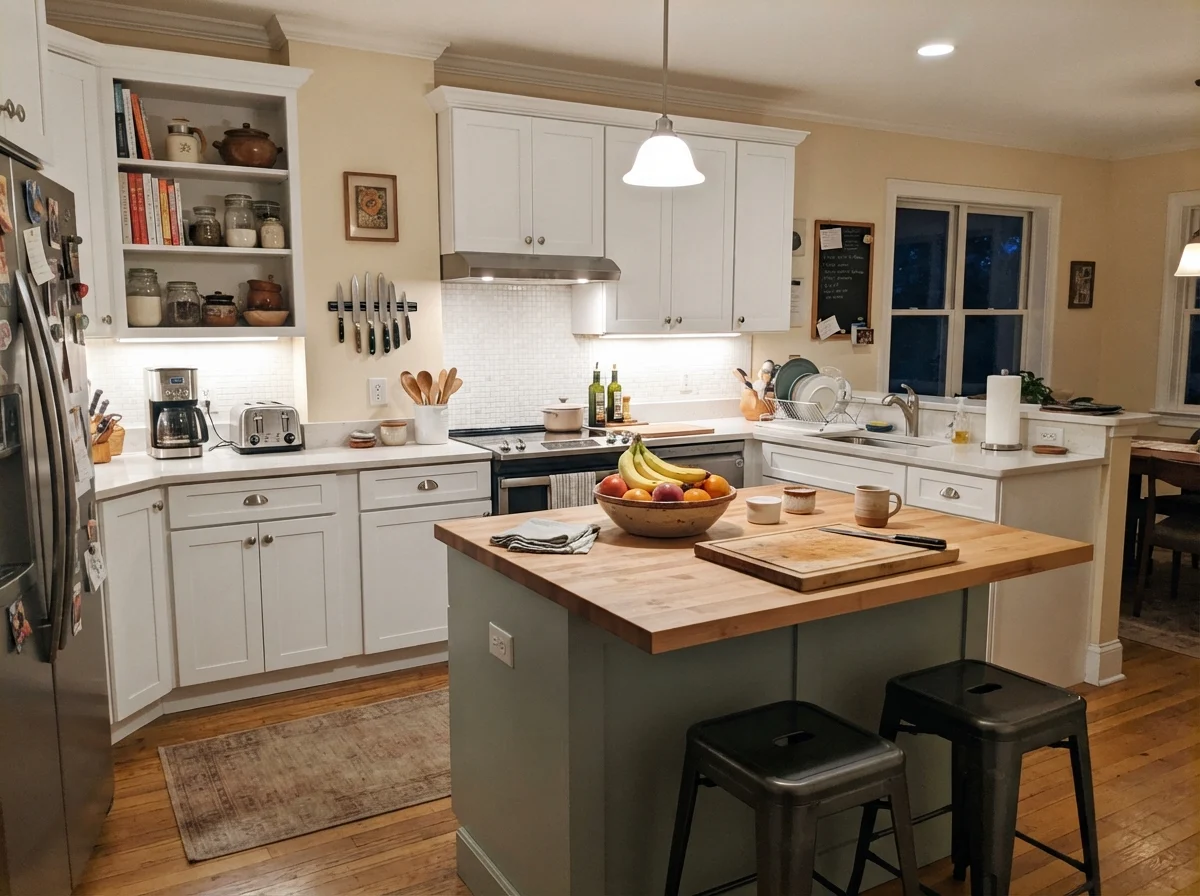 Kitchen island painted Sherwin-Williams Rainwashed with surrounding white cabinets and evening lights on.