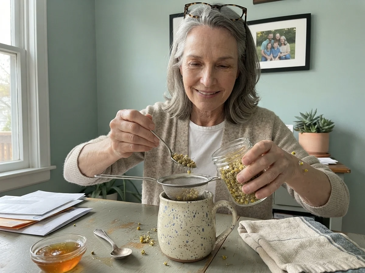 Susan Hartley at her breakfast table spooning chamomile into a strainer with Rainwashed painted walls in the background.