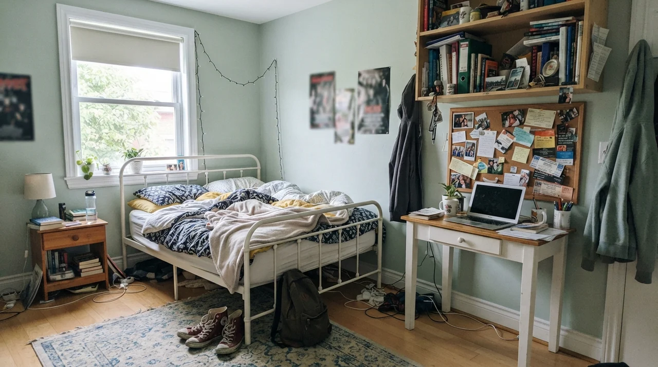 Teenager bedroom with white metal bed frame, study desk, and Rainwashed painted walls.