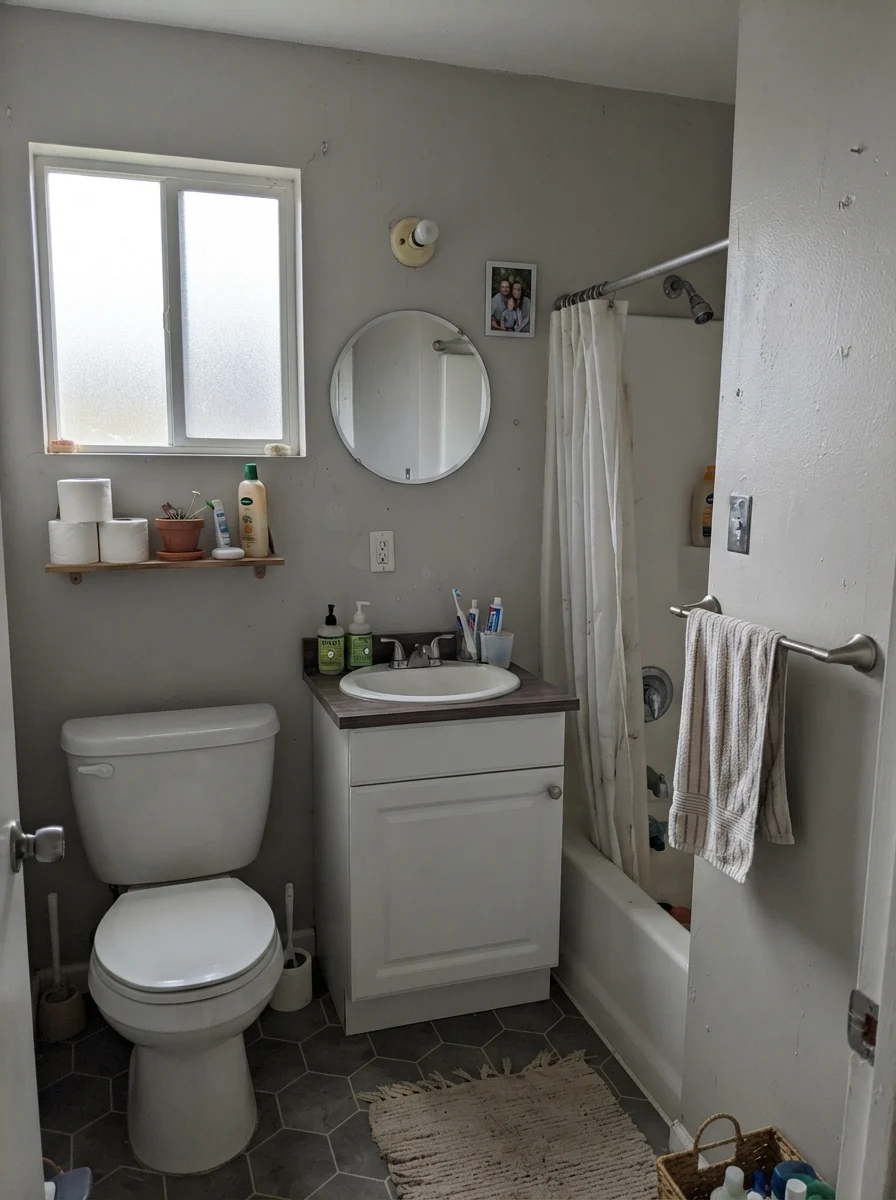 Small bathroom on an overcast day with painted walls and white fixtures.