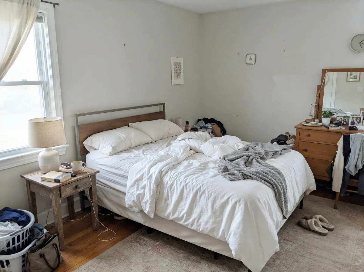 Bedroom in cool morning light with painted walls and wood nightstand.