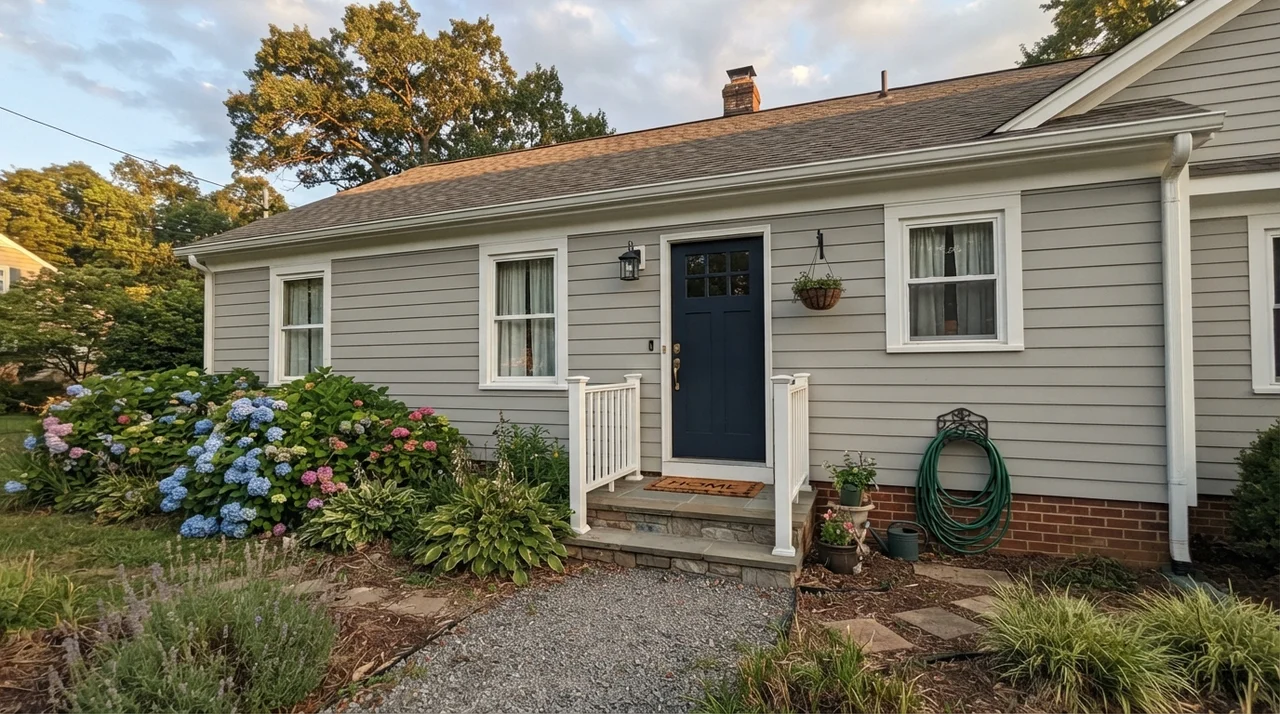 House exterior with painted horizontal siding, white trim, and navy front door.