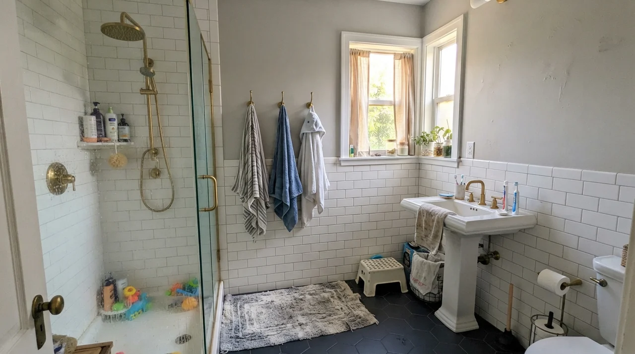 Family bathroom with painted upper walls above white subway tile wainscoting and brass shower fixtures.