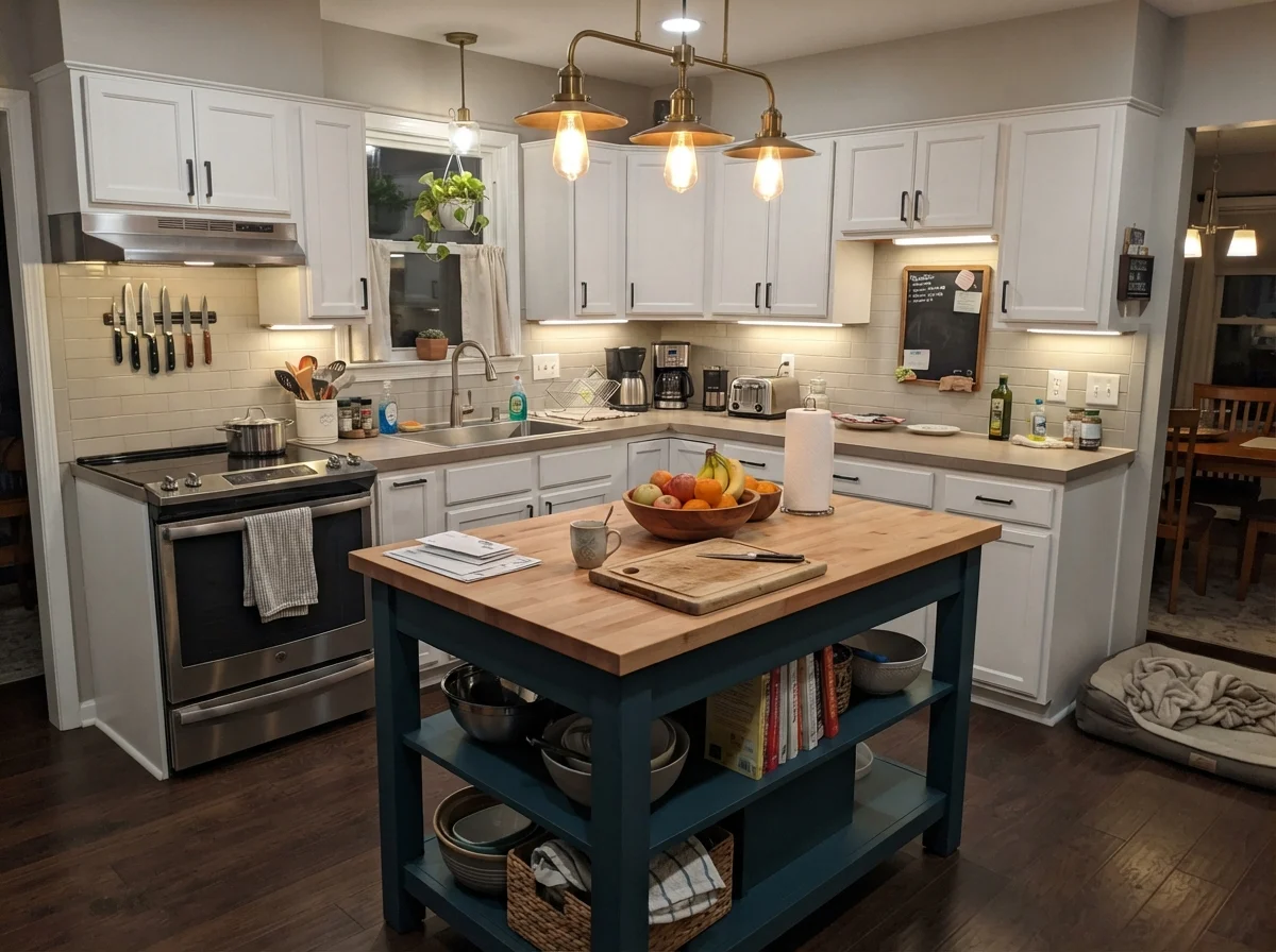 Kitchen with painted island base, surrounding white cabinetry, and everyday counter items.