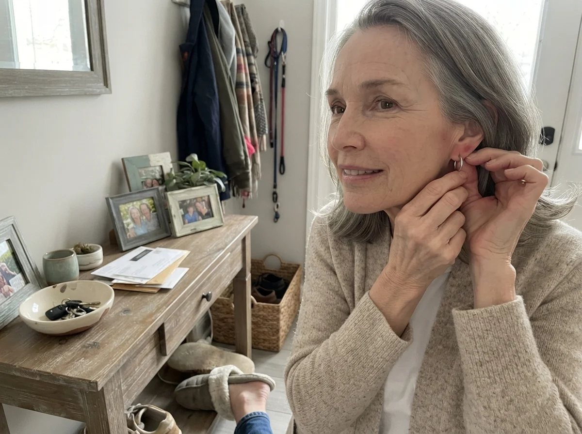 Susan adjusting an earring in a foyer painted in Repose Gray.