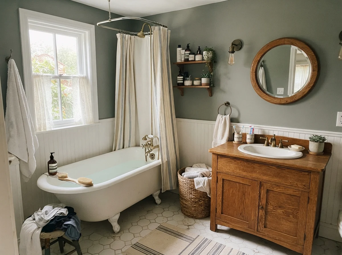 Cottage bathroom with painted walls, white clawfoot tub, hex tile, and warm oak vanity.