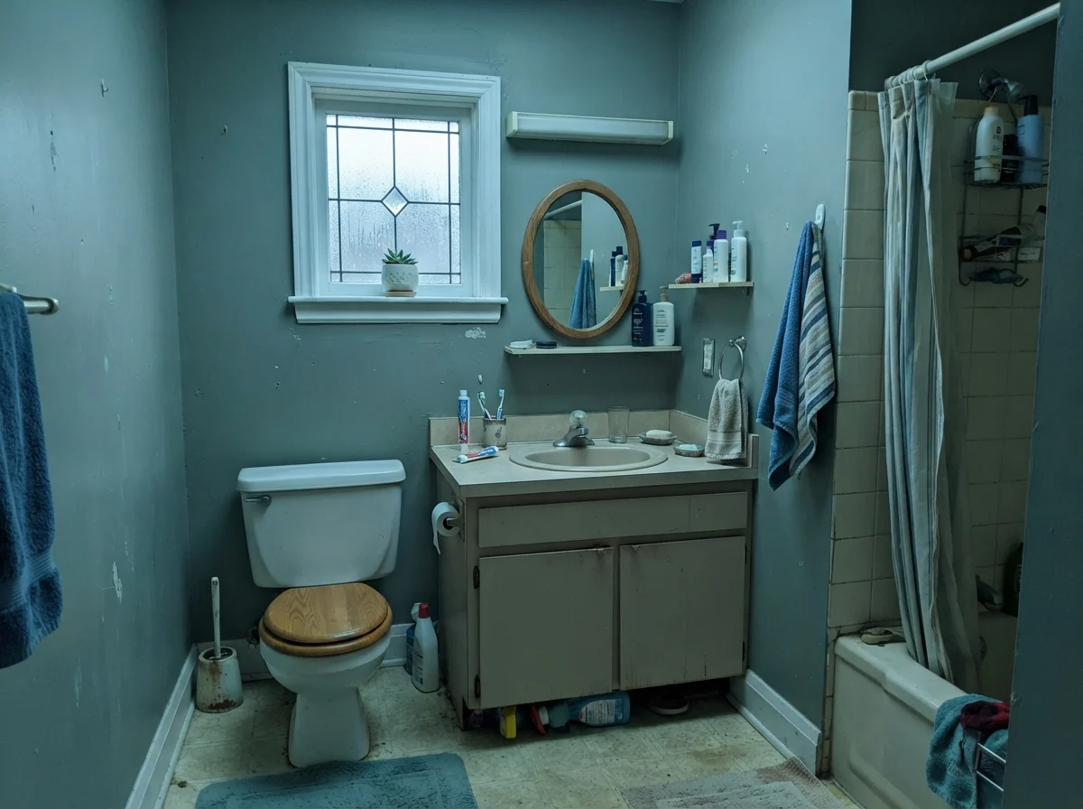 Dated bathroom showing cool-toned painted walls next to a beige vanity on a rainy day.