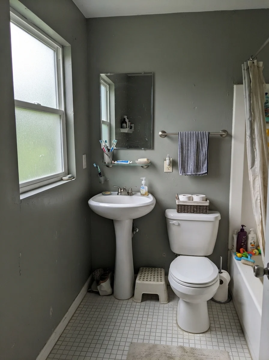 Small bathroom with painted walls looking gray and flat in overcast window daylight.