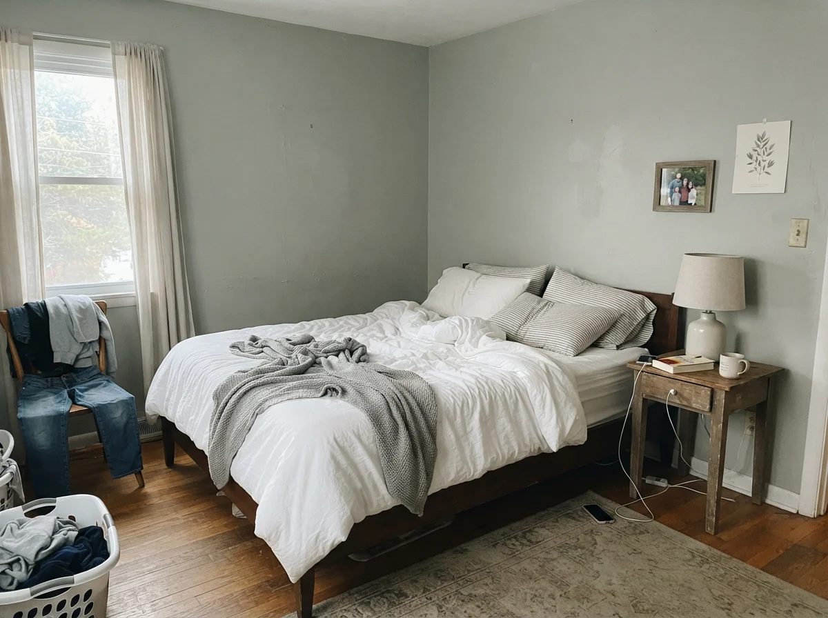 A simple bedroom with white bedding, wood nightstand, and painted walls looking pale in cool morning light.