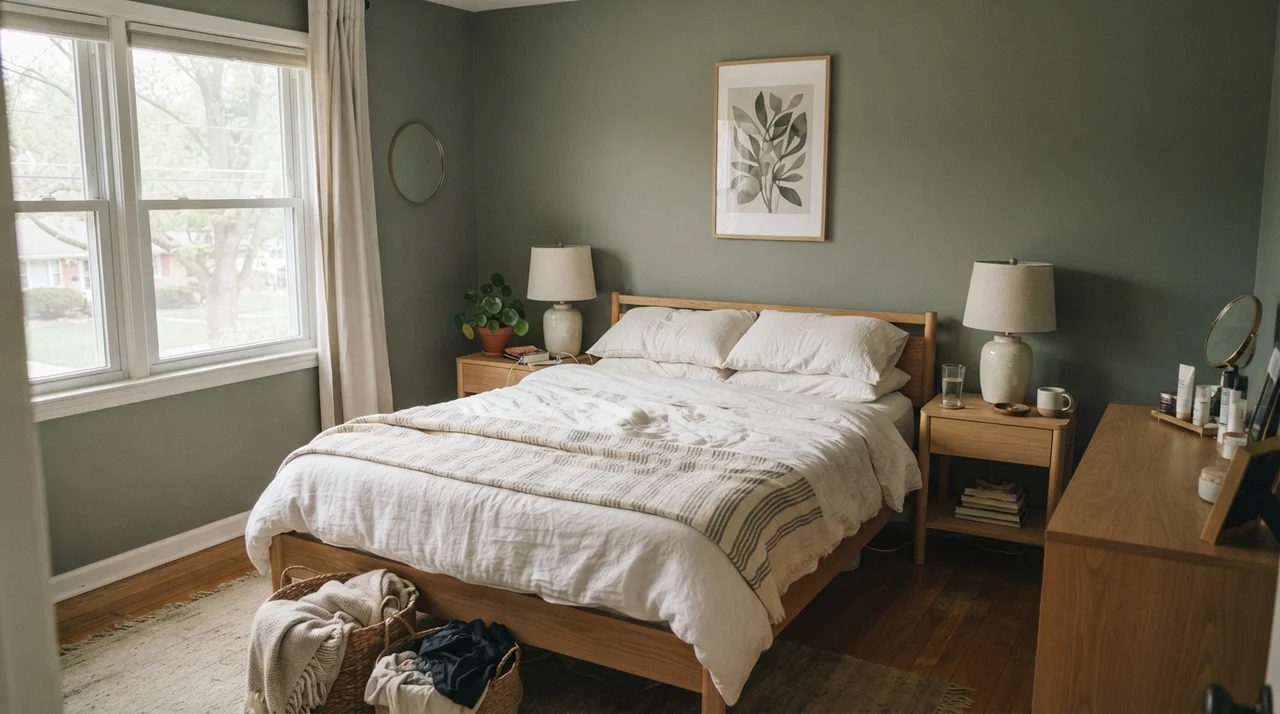 Main bedroom with painted walls, white bedding, oak nightstands, and soft daylight.