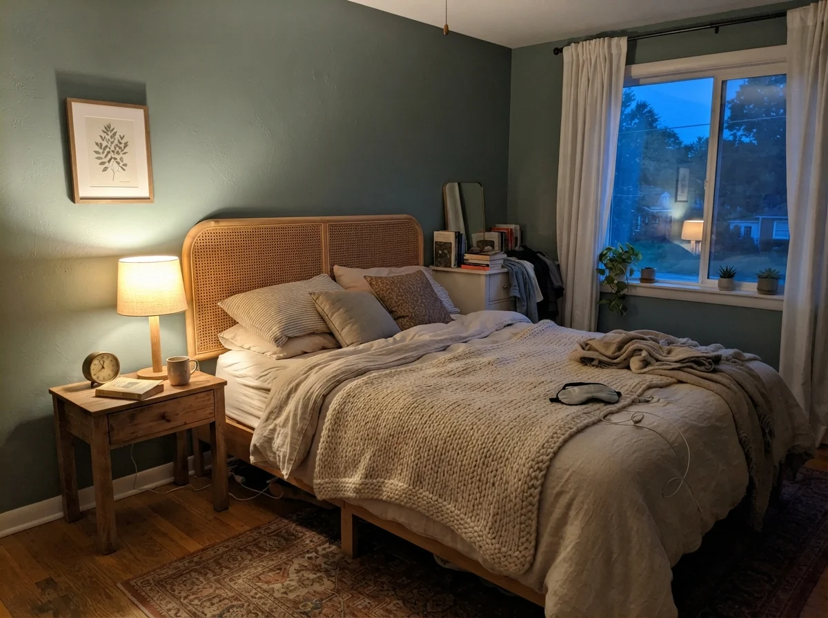 Cozy evening bedroom with warm lamp glow against painted walls and a cane headboard.