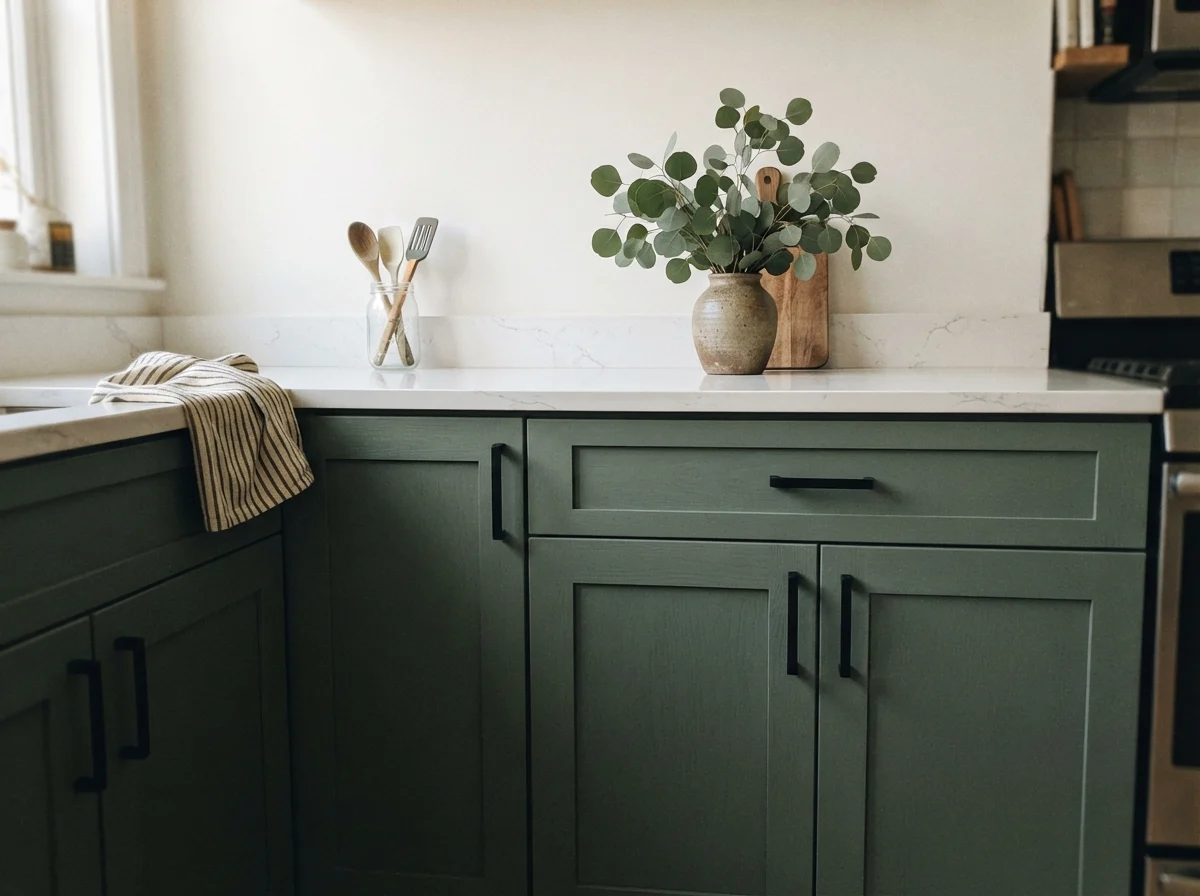Close-up of painted shaker cabinet fronts with matte black hardware and white quartz.