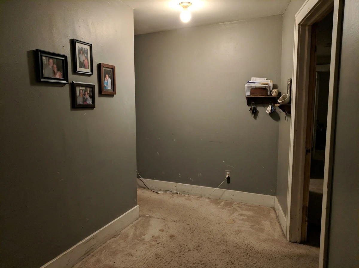 Dim windowless hallway corner showing Retreat painted walls looking flat, muddy, and gray.