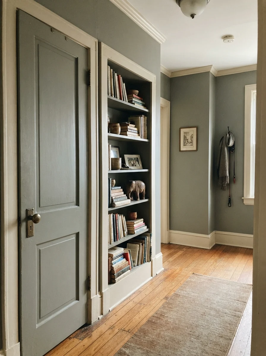 Hallway featuring an interior door and built-in bookshelf painted in Retreat.