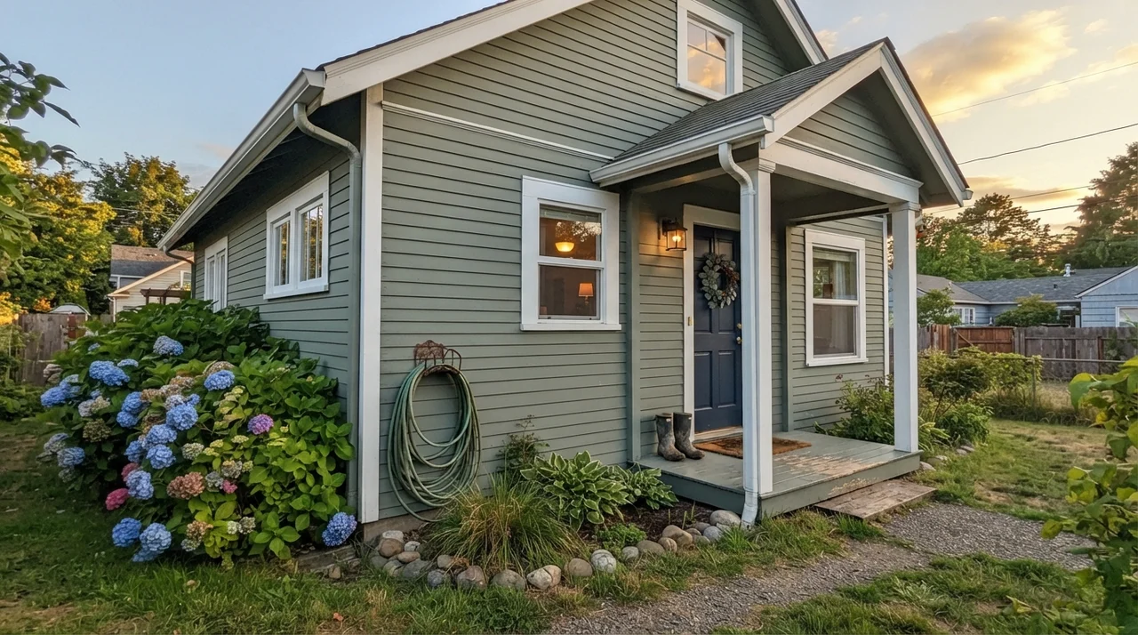 House exterior with horizontal siding painted in Retreat with white trim and navy door.