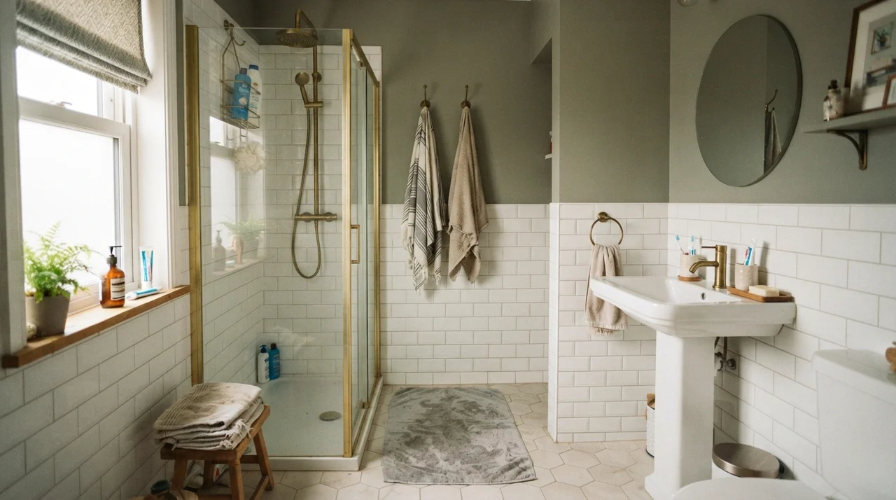 Family bathroom with painted upper walls above white subway wainscoting and brass shower fixtures.