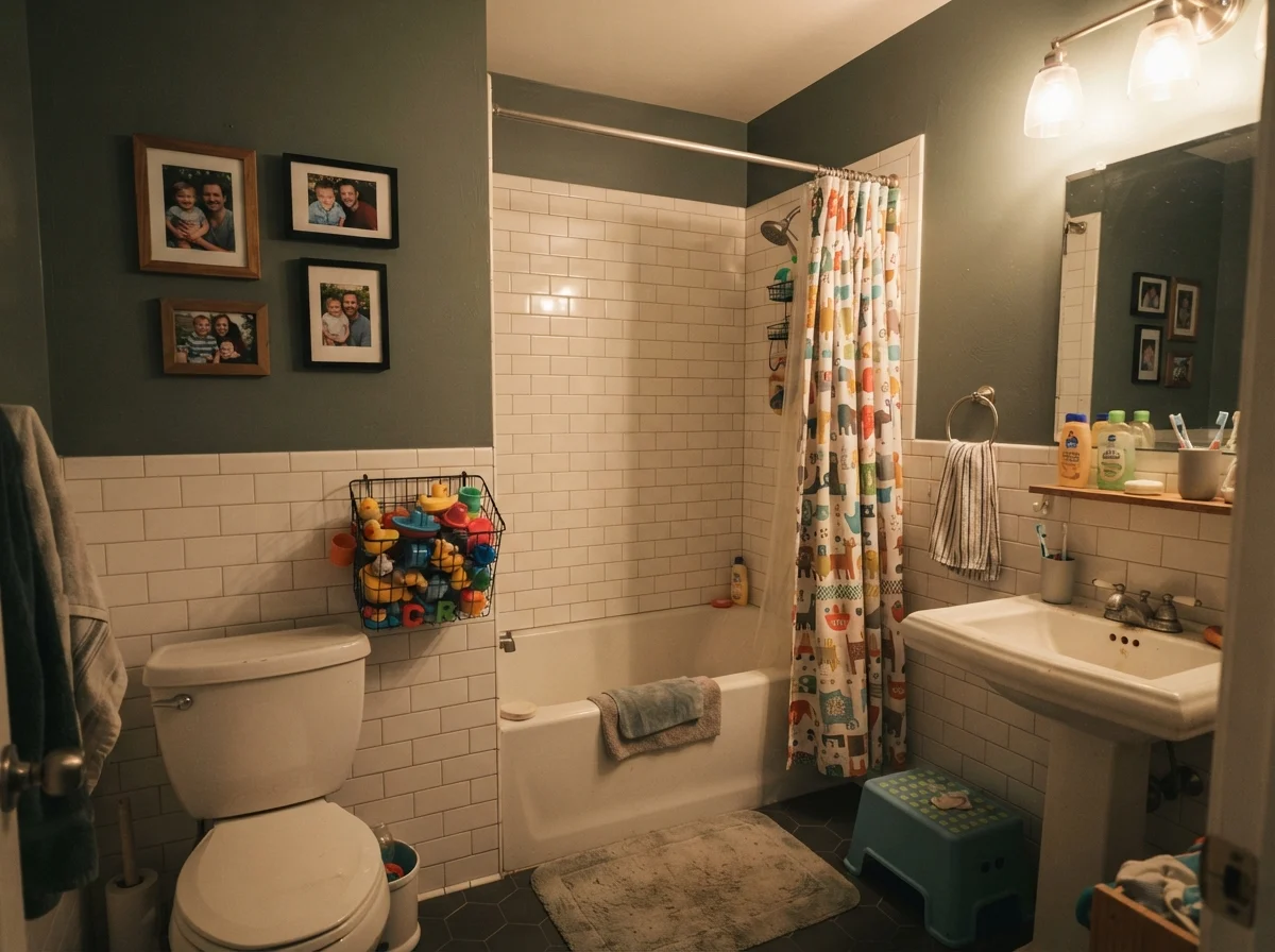 Kids' bathroom with painted walls over white subway tile, warm evening light, and bath toys.