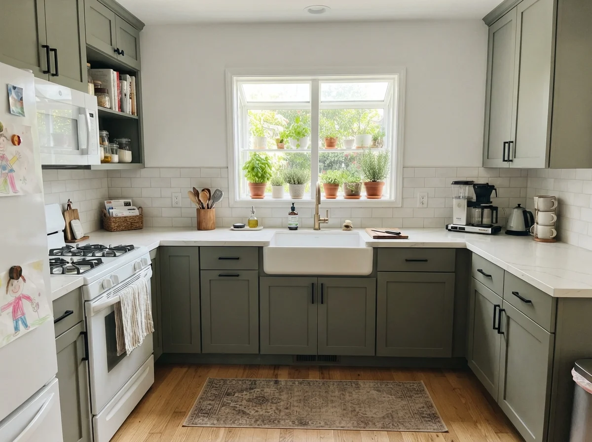 Kitchen shaker cabinets painted Retreat with white counters and light oak flooring.