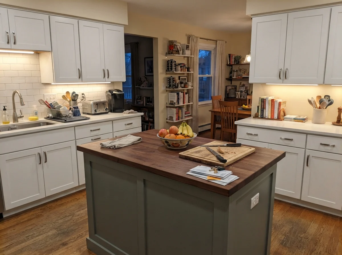 Family kitchen with painted Retreat island surrounded by white cabinets and warm lighting.