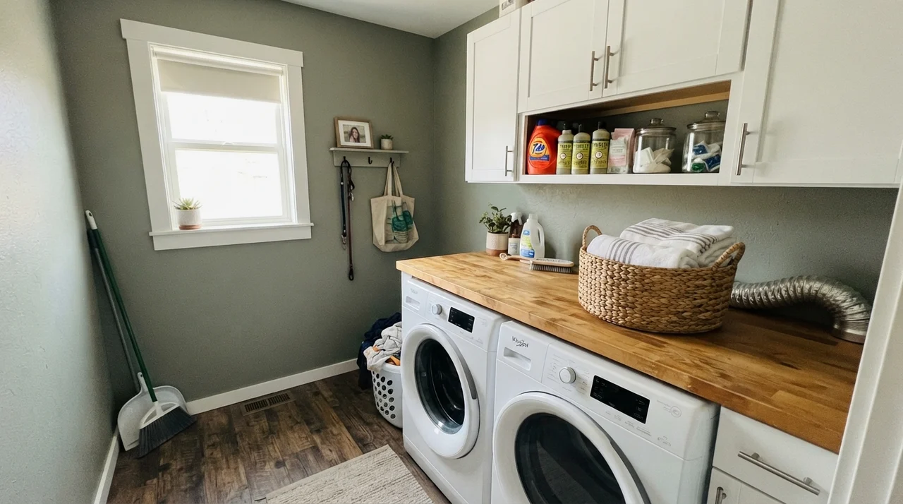 Laundry room with painted walls, white cabinets, and wood butcher-block folding counter.