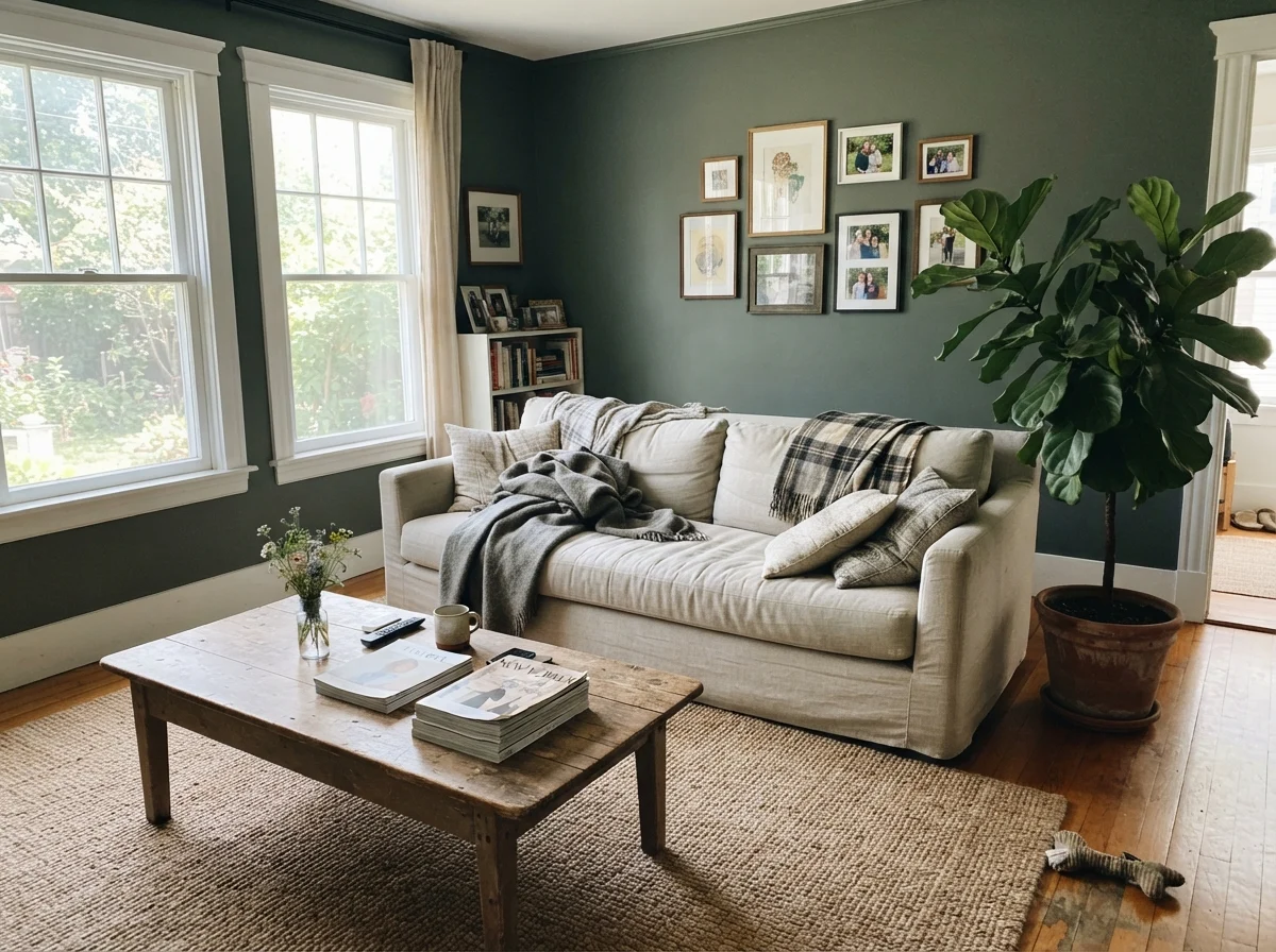 Bright sunlit living room with painted walls, linen couch, jute rug, and wood table.