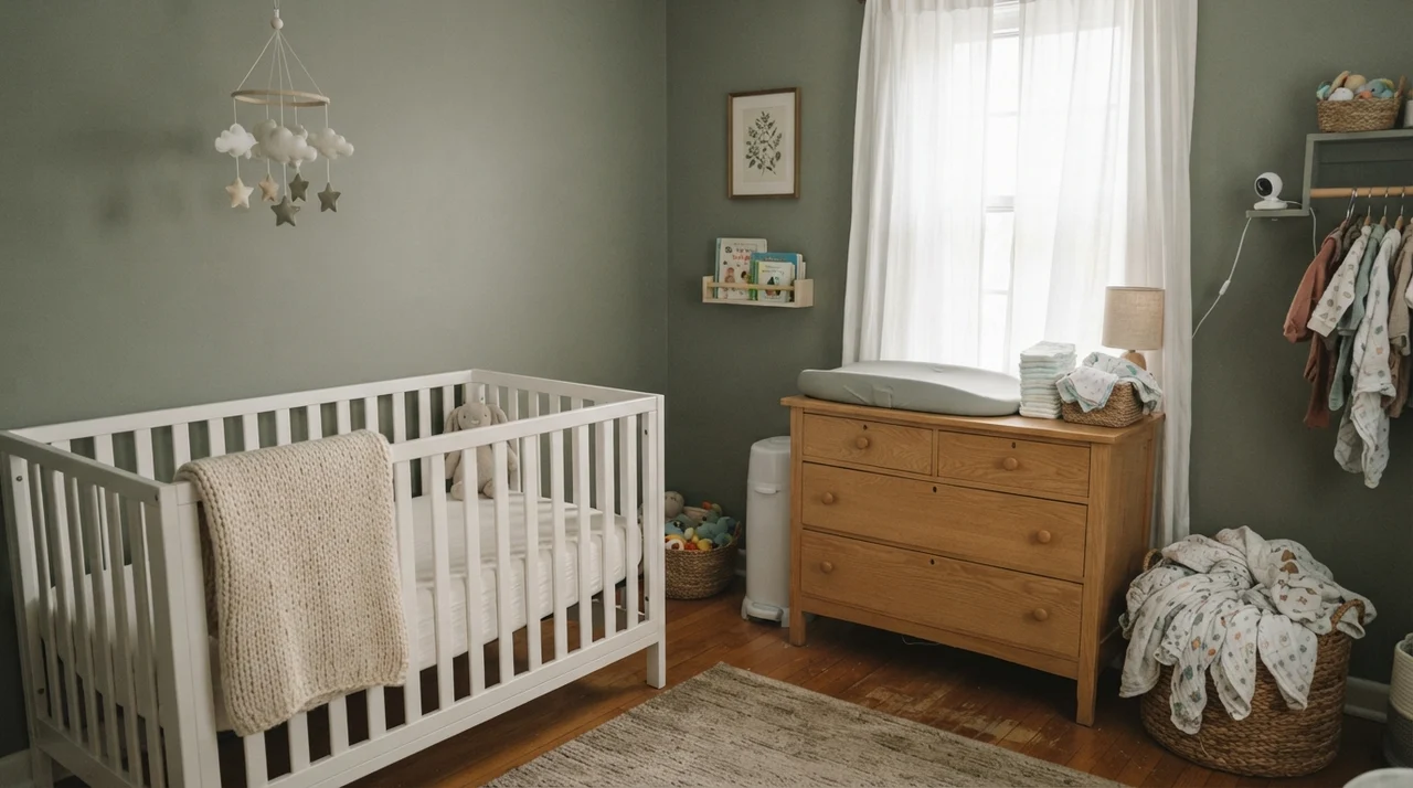 Nursery with painted walls, light wood dresser, and white crib under diffuse light.