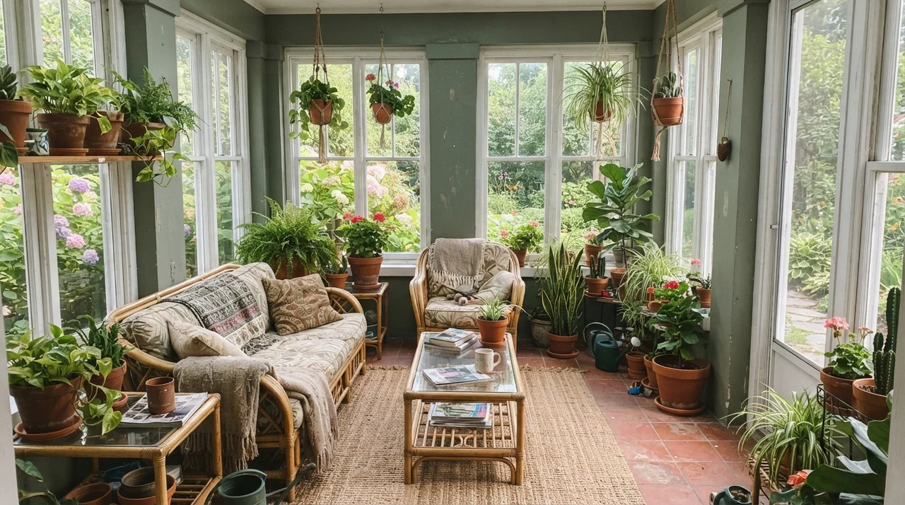 Sunroom with painted walls framed by white windows, terracotta pots, and rattan furniture.