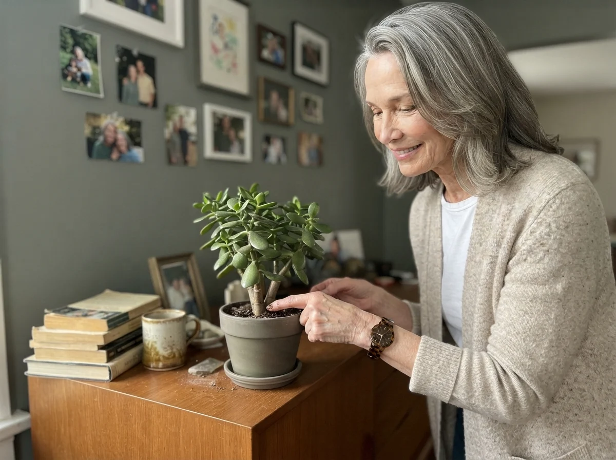 Susan checking the soil of a jade plant against Sherwin-Williams Retreat walls.