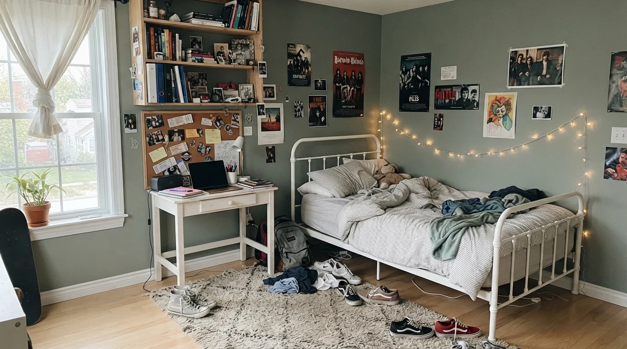 Teenager bedroom with painted walls, white metal bed, desk, and bookshelves.